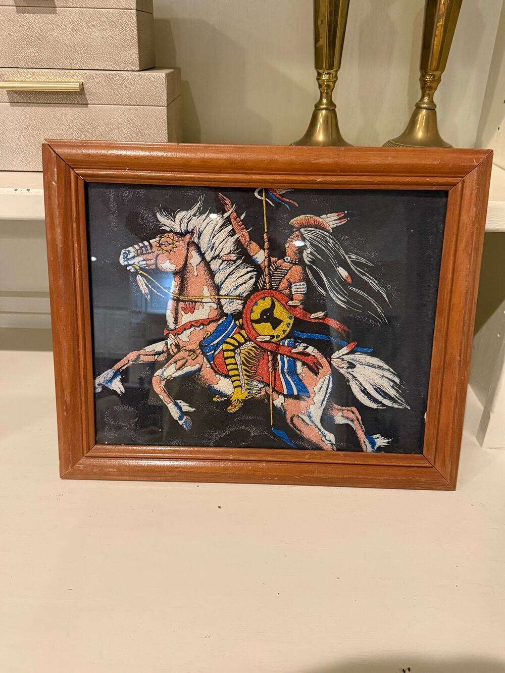 Vintage Framed Sand Art Native American Warrior Horse Southwestern Decor